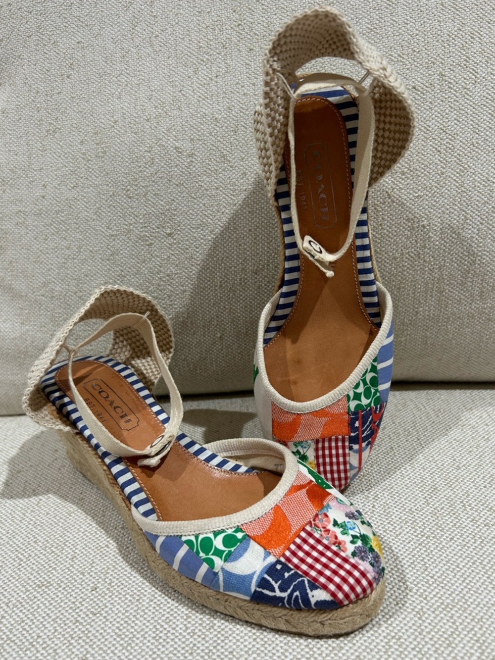 COACH Kerrie Patchwork Espadrille Wedge Canvas Slingback Multicolor Size 7 Boho